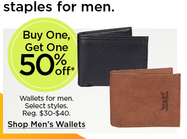 buy one get one 50% off all wallets for men. select styles. shop wallets.