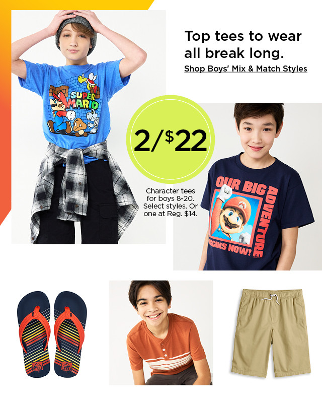 top tees to wear all break long. shop boys' mix and match styles.