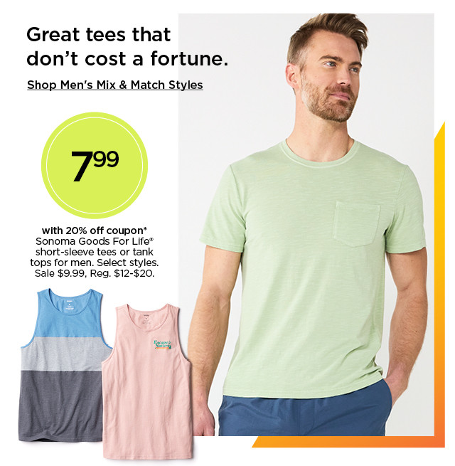 7.99 with 20% off coupon on sonoma goods for life short sleeve tees or tank tops for men. select styles. shop men's mix and match styles.