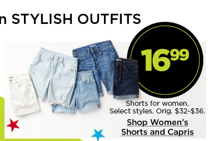 $16.99 shorts for women. select styles. shop women's shorts and capris.