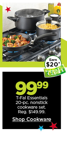 99.99 T-Fal Essentials 20-pc. nonstick cookware set. Shop Cookware.