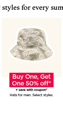 buy one get one 50% off plus save with coupon on all hats for men. shop men's hats. select styles.