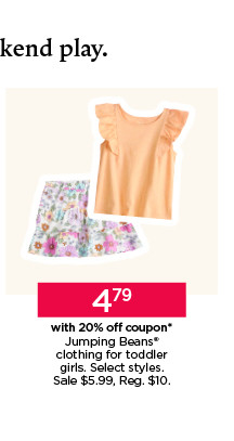 4.79 with 20% off coupon on jumping beans clothing for toddler girls. select styles. shop jumping beans.