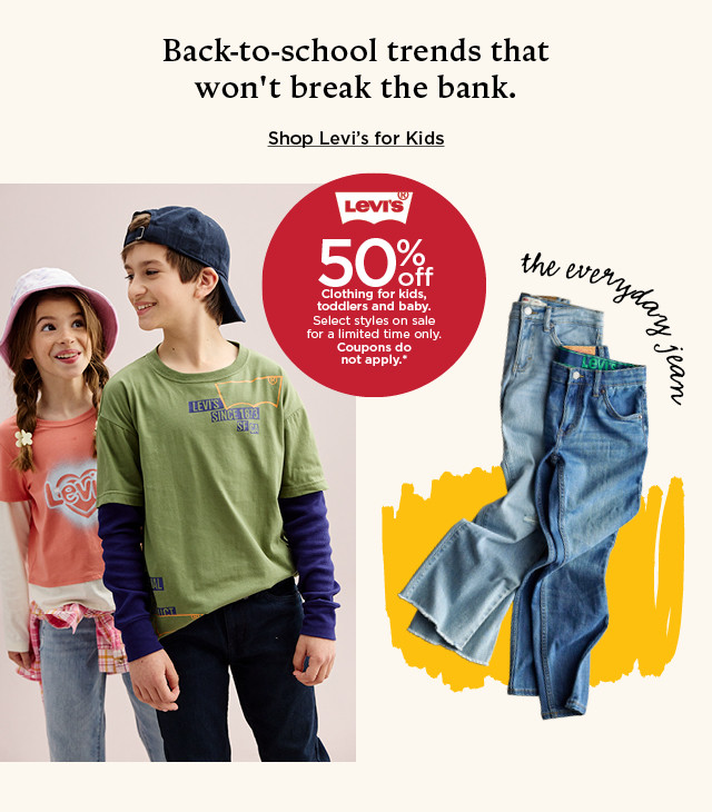 50% off clothing for kids, toddlers and baby. select styles on sale. coupons do not apply. shop kids' levi's clothing.