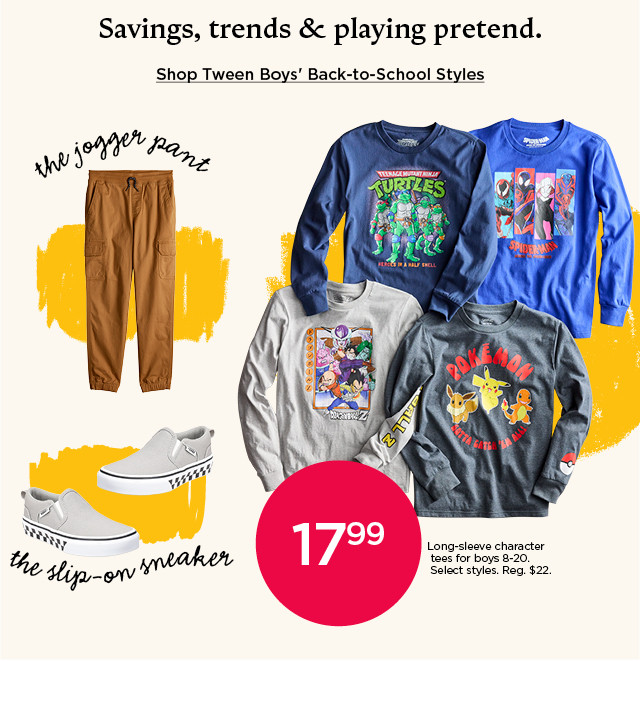 17.99 long sleeve character tees for boys. select styles. shop tween boys' back to school styles.