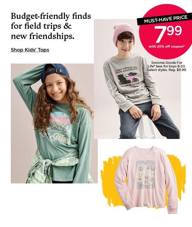 7.99 with 20% off coupon on sonoma goods for life tees for boys. select styles. shop kids' tops.