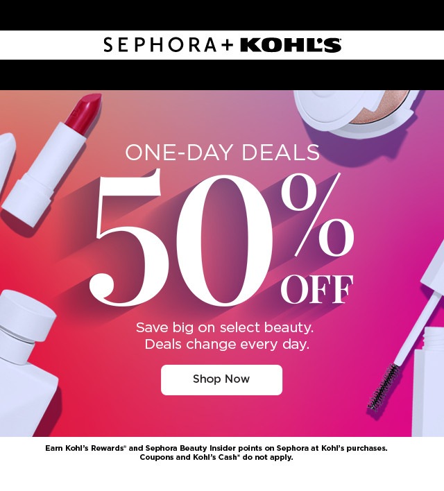 on day deals 50% off. save big on select beauty. deals change every day. shop now.