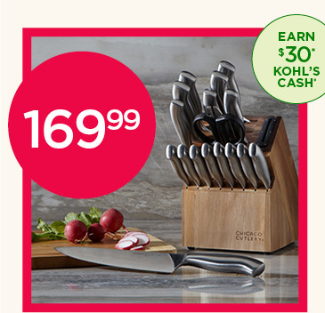 169.99 Chicago Cutlery Insignia 18-pc. Guided Grip knife block set with built-in sharpener. Select styles.