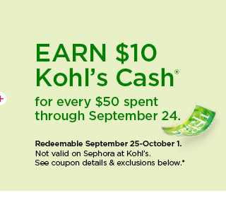 earn $10 kohls cash for every $50 spent. not valid on sephora at kohl's. shop now.