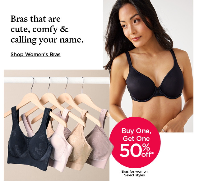 Buy one, get one 50% off bras for women. Select styles. Shop women's bras.