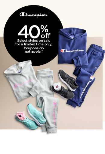 40% off select champion styles on sale for a limited time only. coupons do not apply. shop kids' champion.