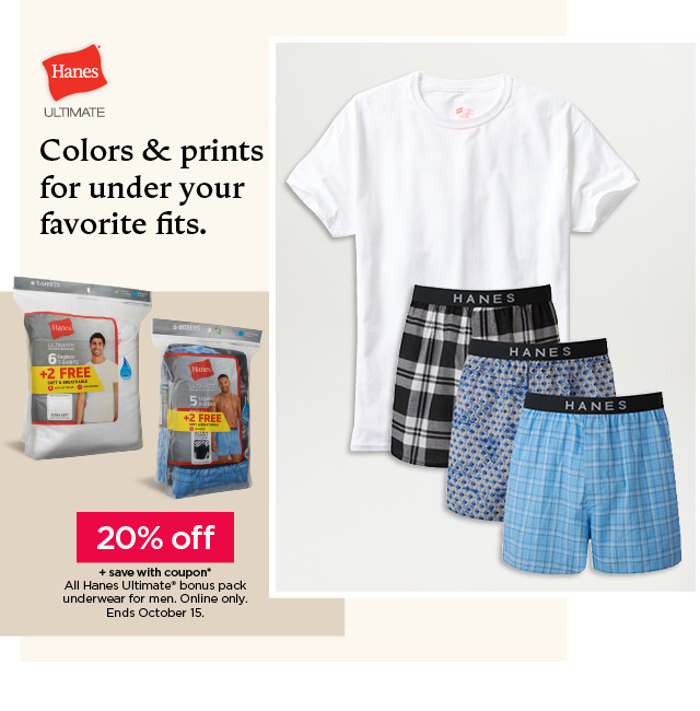 20% off plus save with coupon on all hanes ultimate bonus pack underwear for men. online only. shop now.