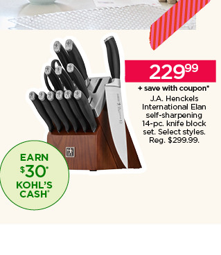 229.99 plus save with coupon j.a. henckels international elan self-sharpening 14-pc. knife block set. select styles. shop dining and drinkware.