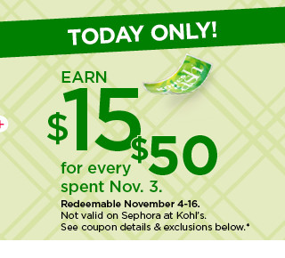 earn $15 kohls cash for every $50 spent. not valid on sephora at kohl's. shop now.