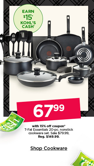 67.99 with 15% off coupon t-fal essentials 20-pc. nonstick cookware set. sale 79.99. shop cookware.