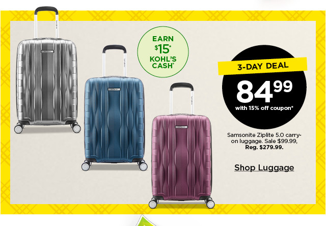 3 day deal 84.99 with 15% off coupon on samsonite ziplite 5.0 carry-on luggage. shop luggage.