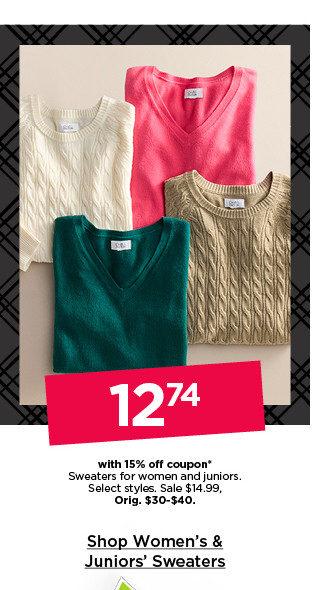 $12.74 with 15% off coupon. sweaters for women and juniors. select styles. shop women's and juniors' sweaters.