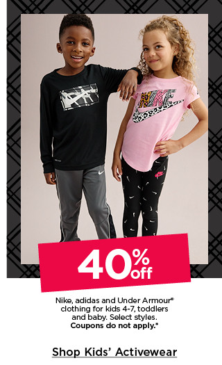 40% off nike, adidas and under armour clothing for kids, toddlers and baby. select styles. coupons do not apply. shop kids' activewear.