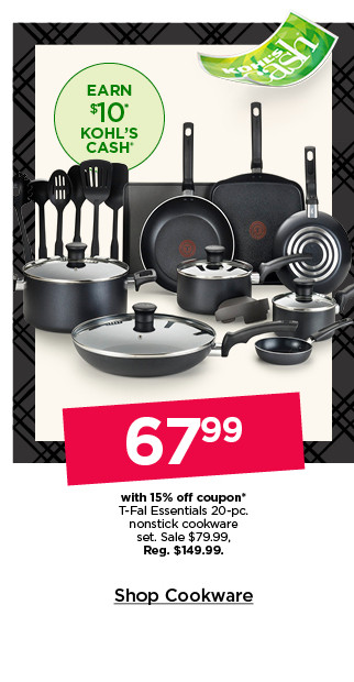 67.99 with 15% off coupon t-fal essentials 20-pc. nonstick cookware set. sale 79.99. shop cookware.