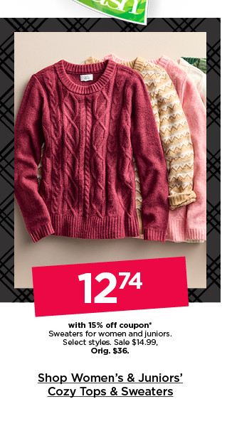 $12.74 with 15% off coupon sweaters for women and juniors. select styles. shop women's and juniors' sweaters.