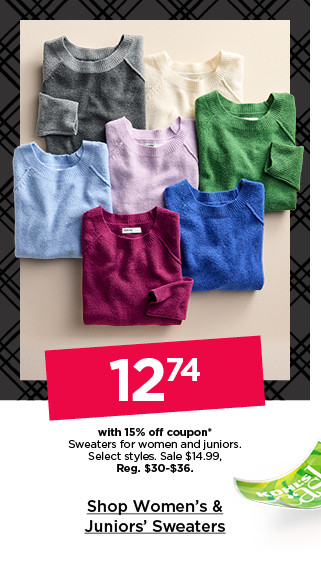 $12.74 with 15% off coupon sweaters for women and juniors. select styles. shop women's & juniors' sweaters.