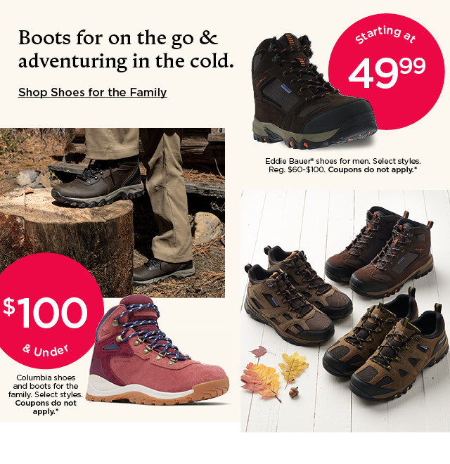 boots for on the go and adventuring in the cold. shop shoes for the family.