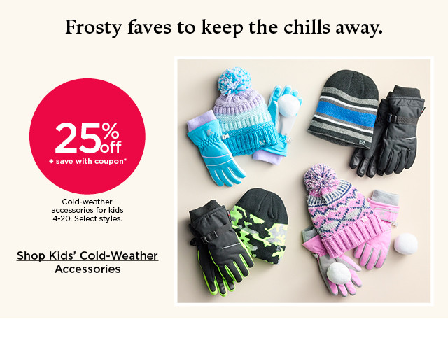 25% off plus save with coupon on cold weather accessories for kids. select styles. shop kids' cold weather accessories.