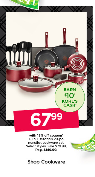 68.99 with 15% off coupon t-fal essentials 20-pc nonstick cookware set. select styles. sale 79.99. shop cookware.