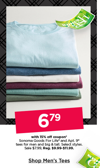 6.79 with 15% off coupon on sonoma goods for life and apt 9 tees for men and big and tall. select styles. shop men's tees.
