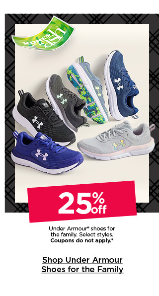 25% off under armour shoes for the family. select styles. coupons do not apply. shop under armour shoes for the family.