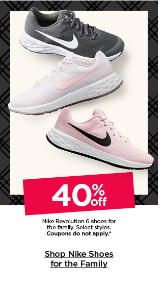 40% off nike revolution 6 shoes for the family. select styles. coupons do not apply. shop nike shoes for the family.