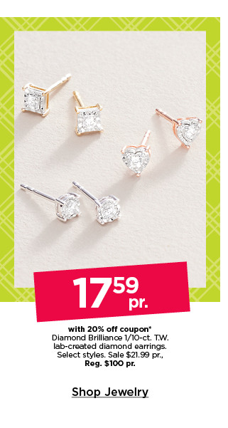 17.59 pr with 20% off coupon on diamond brilliance 1/10 ct t.w. lab created diamond earrings. select styles. shop jewelry.