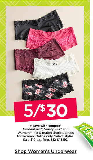 5/$30 plus save with coupon maidenform, vanity fair and warners mix & match single panties for women. online only. select styles. shop women's underwear.