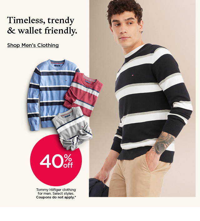 40% off tommy hilfiger clothing for men. select styles. coupons do not apply. shop men's clothing.