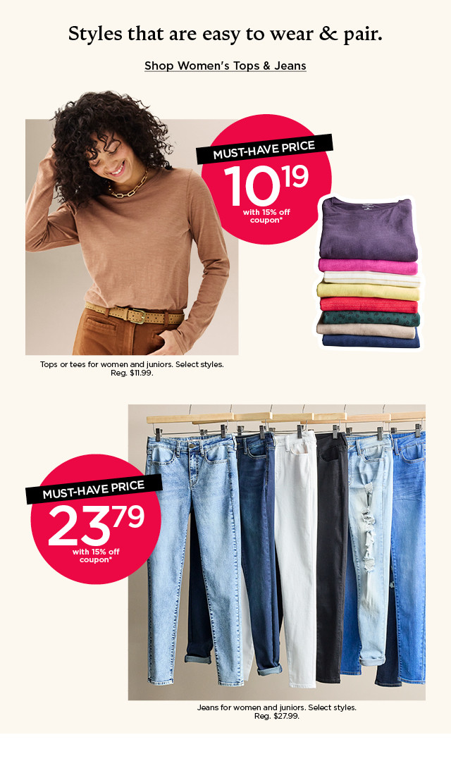 styles that are easy to wear and pair. shop women's tops and jeans.