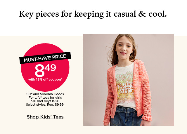 8.49 with 15% off coupon so and sonoma goods for life tees for girls and boys. select styles. shop kids' tees.