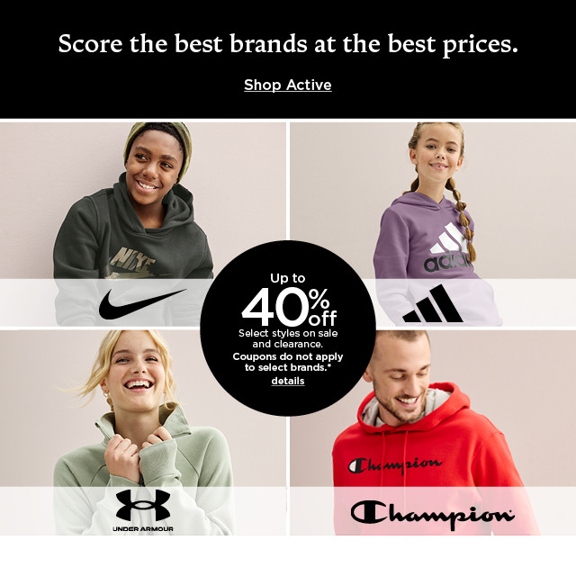 up to 40% off select styles on sale and clearance. coupons do not apply. shop active.