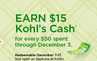 earn $15 kohls cash for every $50 spent. not valid on sephora at kohl's. shop now.