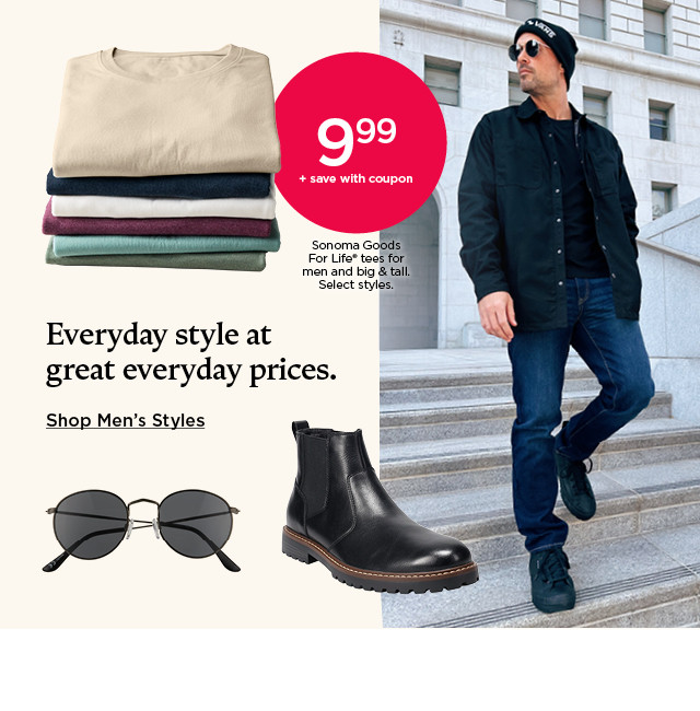 9.99 plus save with coupon on sonoma goods for life tees for men and big and tall. select styles. shop men's styles.