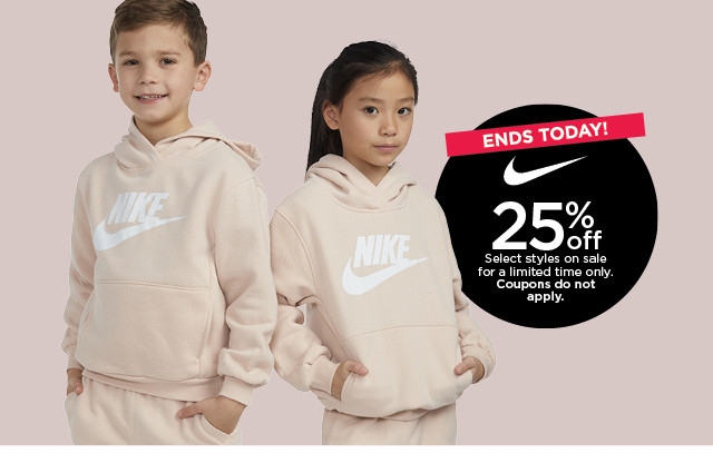 ends today! 25% off nike select styles. coupons do not apply. shop now. 