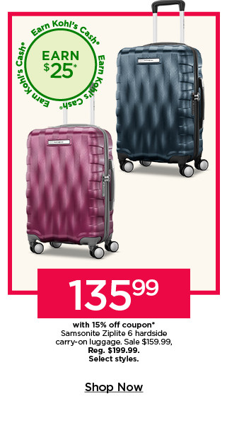 135.99 with 15% off coupon on samsonite ziplite 6 hardside carry on luggage. select styles. shop now.