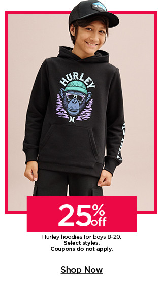 25% off hurley hoodies for boys. select styles. coupons do not apply. shop now.