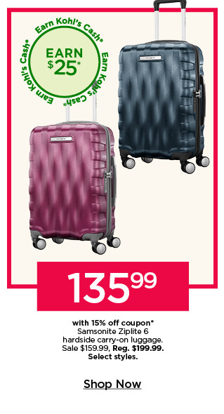 135.99 with 15% off coupon on samsonite ziplite 6 hardside carry on luggage. select styles. shop now.