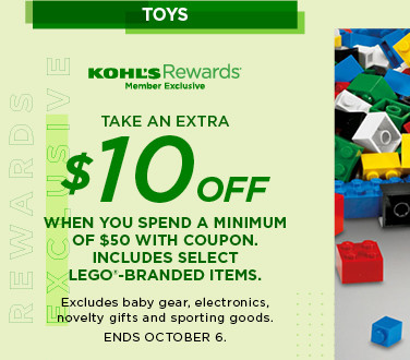 take an extra $10 off when you spend a minimum of $50 with coupon. includes select lego-branded items. 