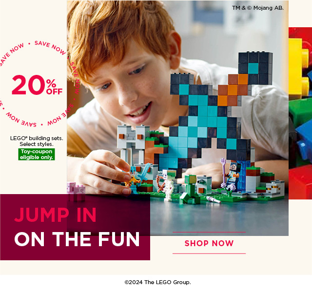 20% off LEGO building sets. Select styles. Toy-coupon eligible only. Shop now.