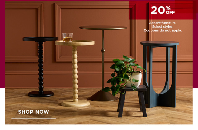 20% off accent furniture. Select styles. Coupons do not apply. Shop now.