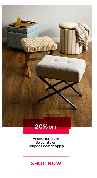 20% off accent furniture. Select styles. Coupons do not apply. Shop now.