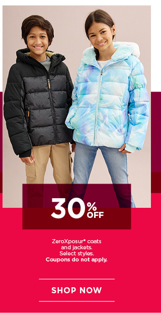 30% off zeroxposur coats and jackets for the family. select styles. coupons do not apply. shop now. 