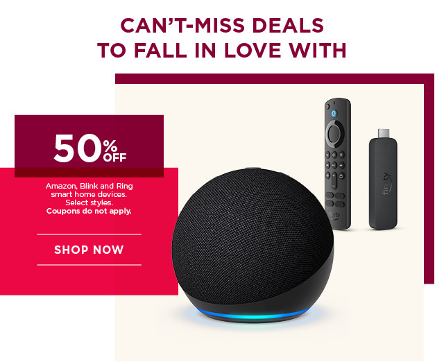 50% off Amazon, Blink an Amazon Company and Ring smart home devices. Select styles. Coupons do not apply. Shop now.