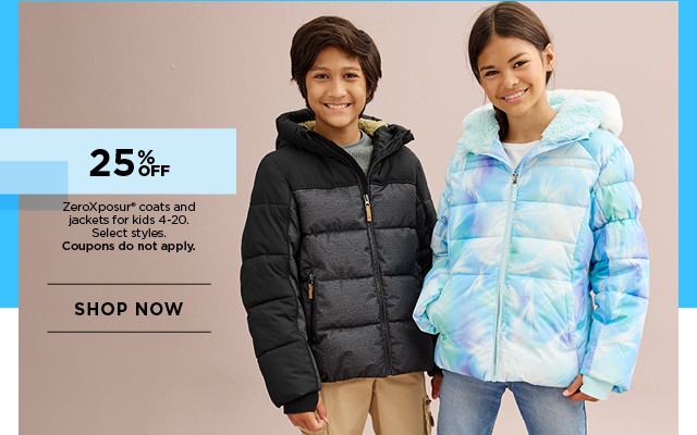 25% off zeroxposur coats and jackets for kids. select styles. coupons do not apply. shop now.